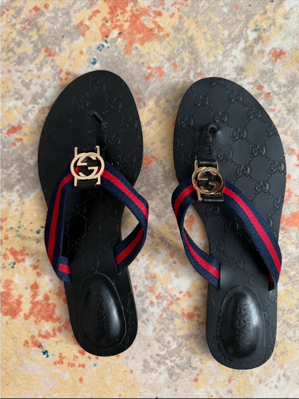 Gucci Black Leather Slides with Navy & Red Web Straps and Gold Logo EU41